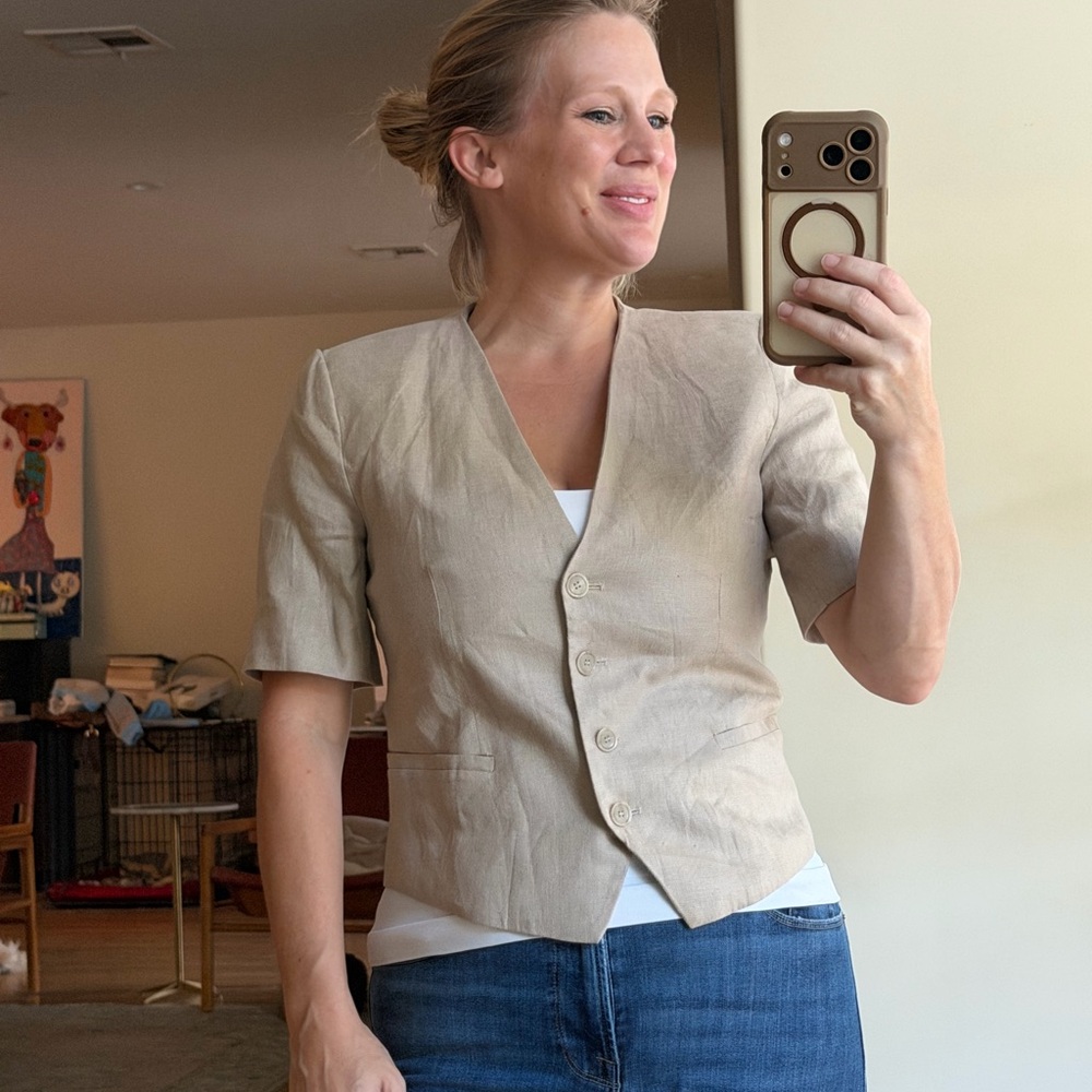 Zara Size Medium Tan Beige Short Sleeve Linen Jacket Blazer Work Casual Top